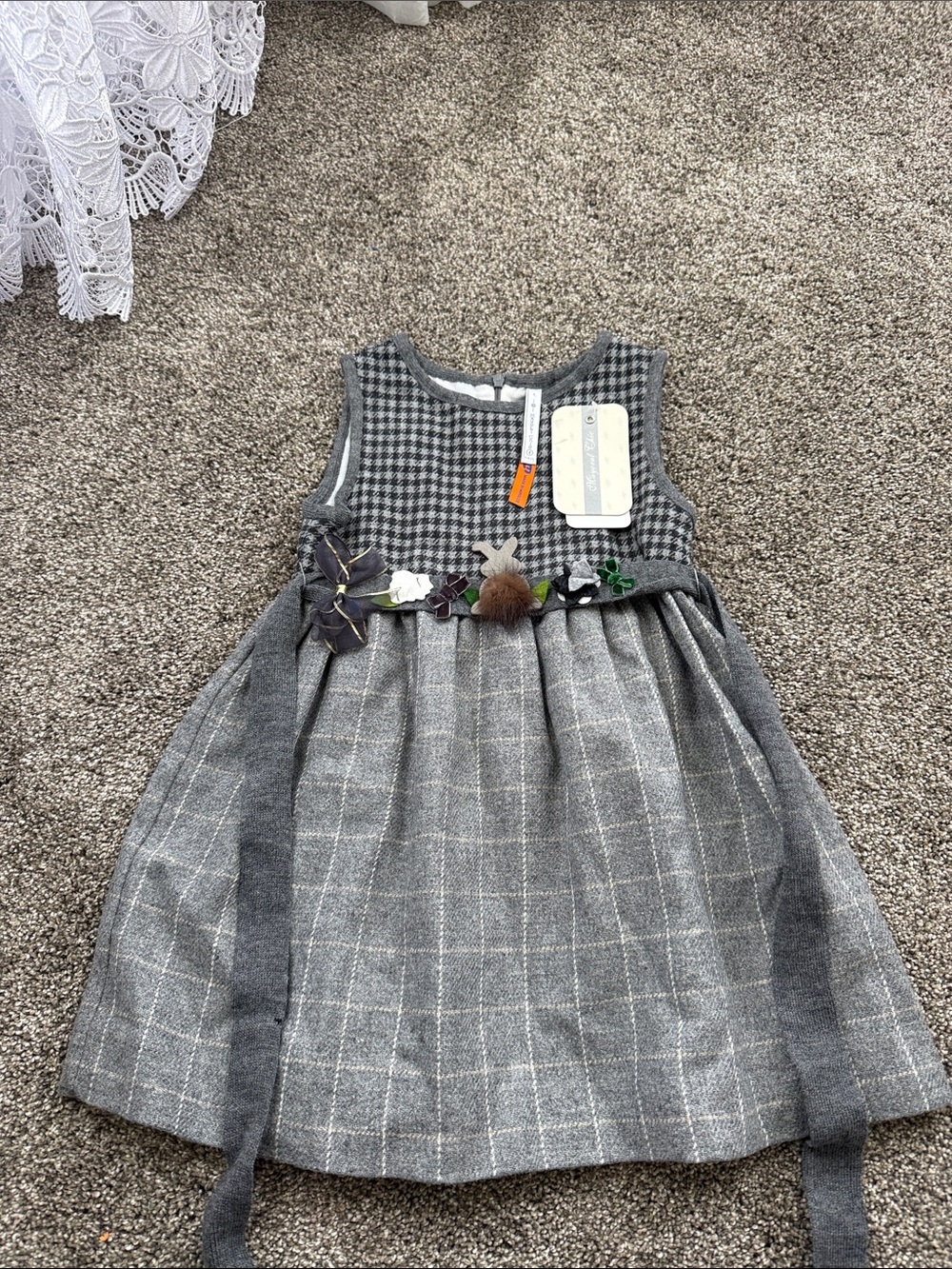 Mayoral Girls' Gray Plaid Dress with Floral Waist Detail